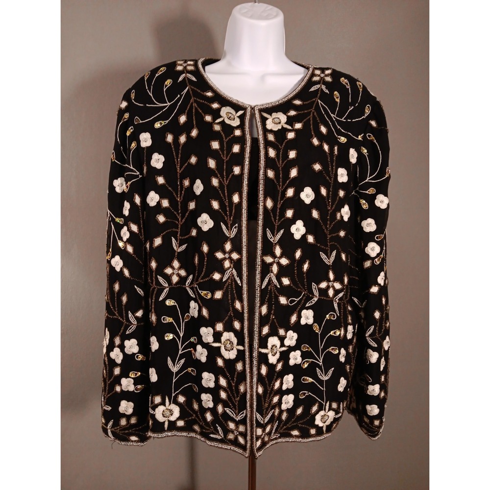 Vintage Papell Boutique Evening Silk Hand Beaded Floral Jacket Size 18 Black VTG